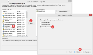 Add certificate snap-in computer account