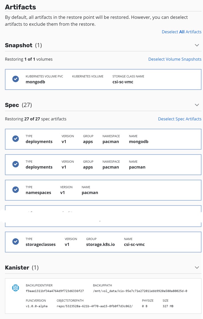 Kasten - Applications - Restore point - Artifacts snapshot spec kanister