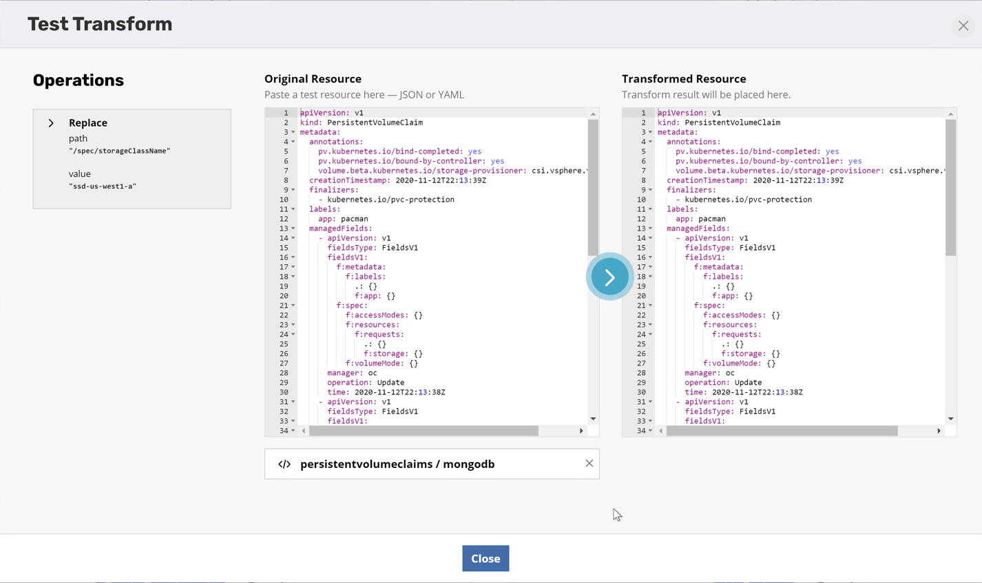 Kasten Applications Restore point Test Transform