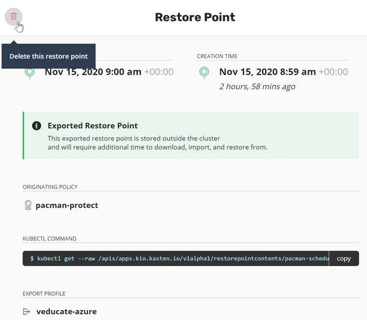 Kasten - Applications - Restore point