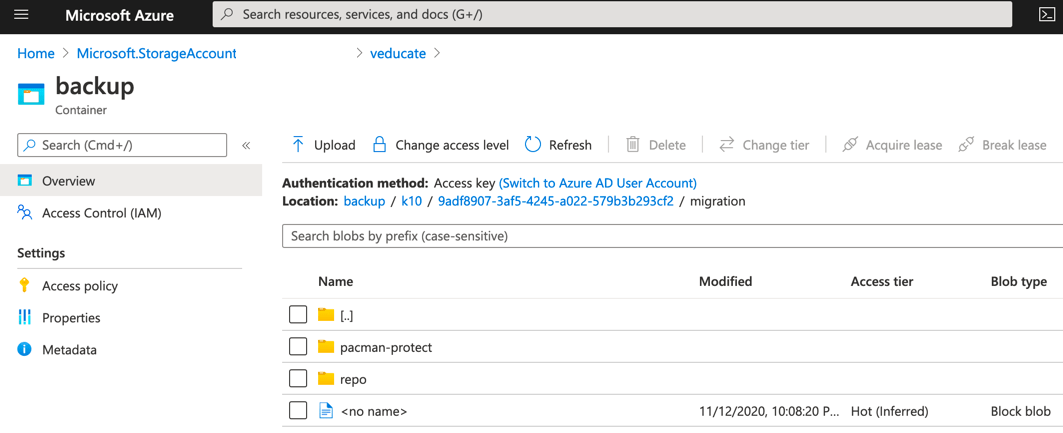 Kasten Azure Container with export data