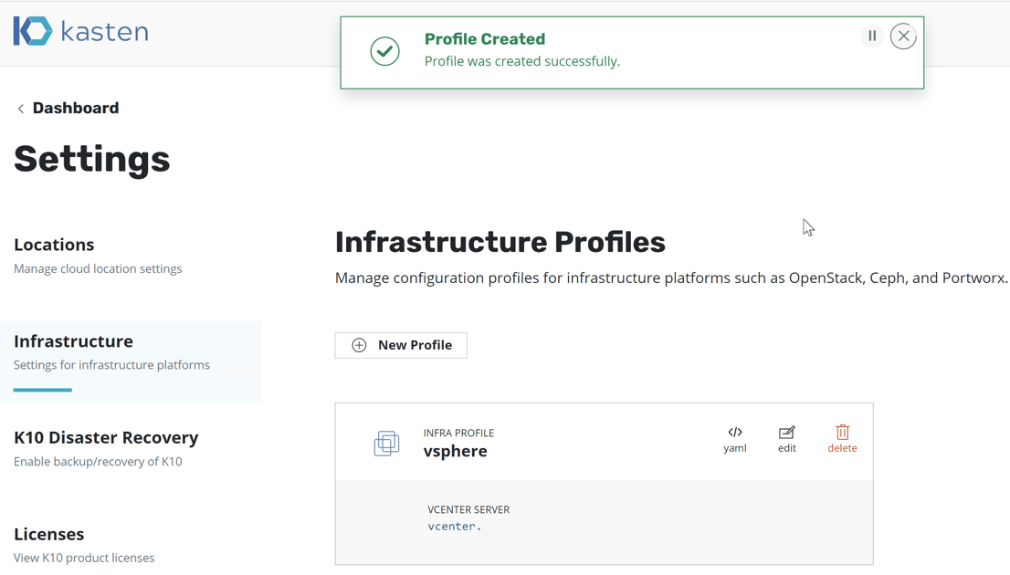 Kasten - Create infrastructure profile - vSphere - profile created