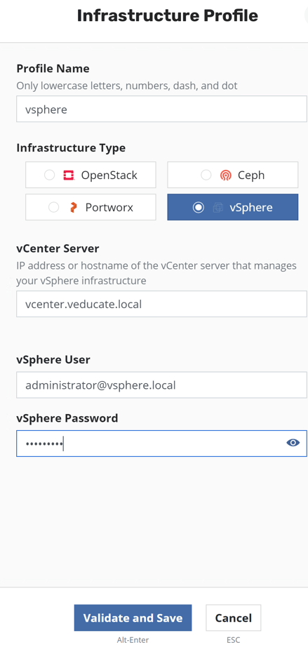 Kasten Create infrastructure profile vSphere