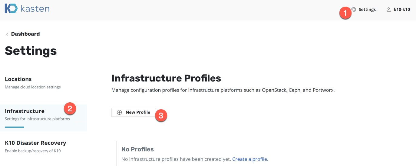 Kasten Create infrastructure profile