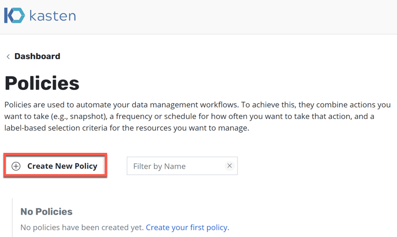 Kasten Dashboard create new policy