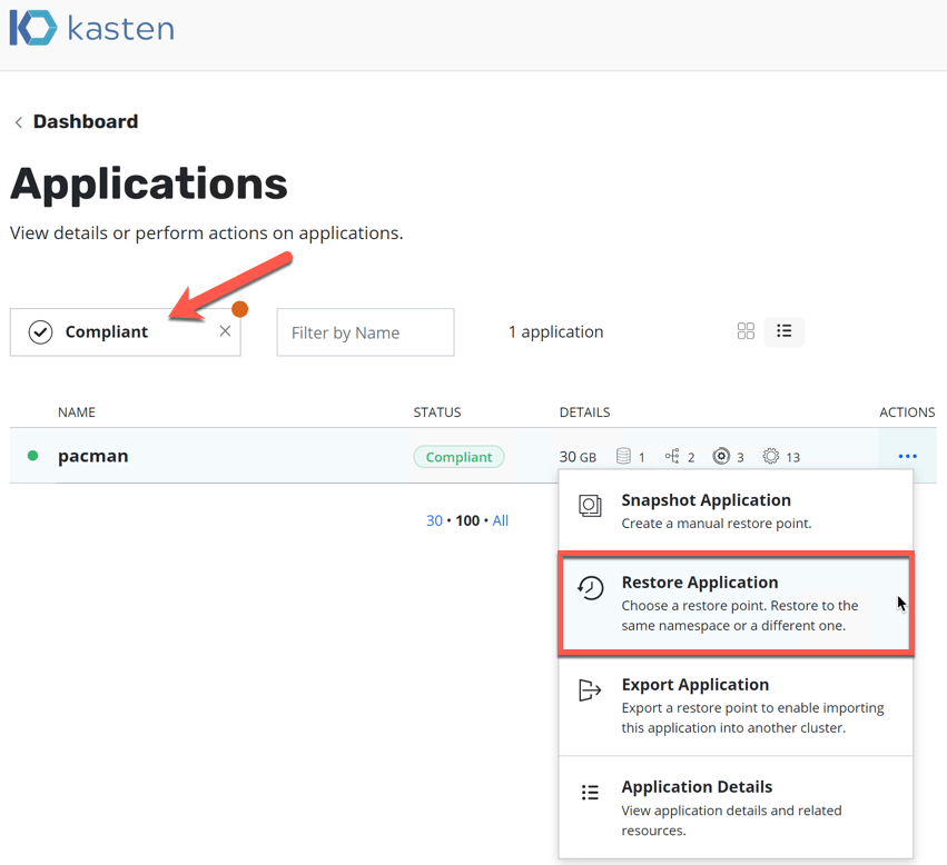 kasten dashboard - applications