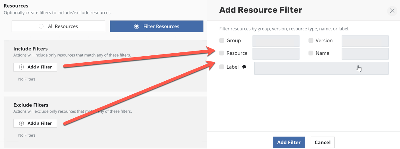 Kasten new policy Select Applications Resource Filters