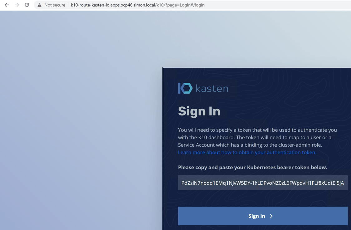 kasten dashboard token authentication