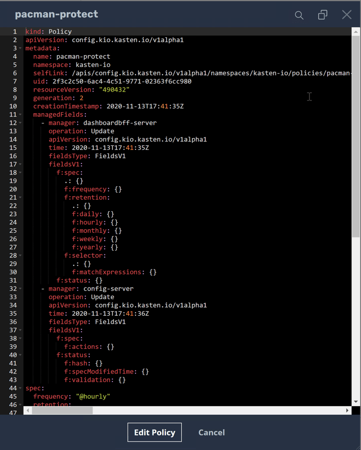 kasten policy yaml
