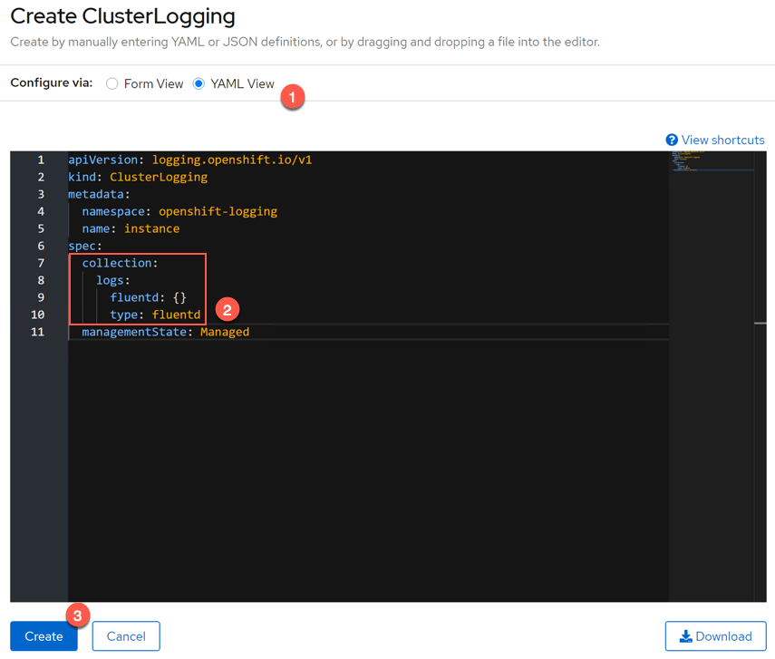 Openshift OperaterHub - Create Cluster Logging Instance YAML