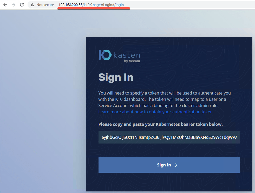 Kasten K10 - Log in to dashboard with token