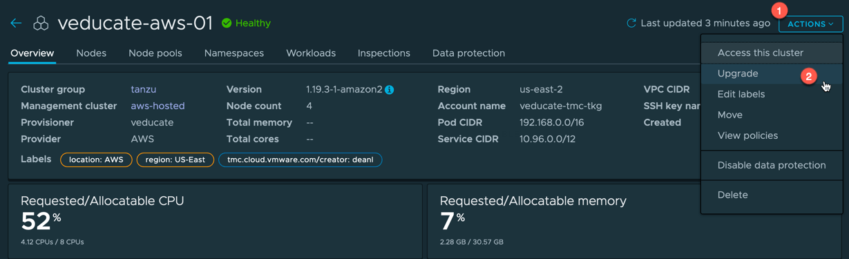 TMC - Cluster - Actions - Upgrade