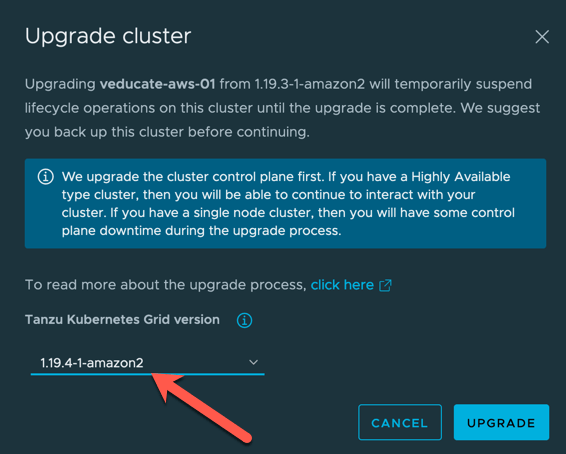 TMC - Cluster - Upgrade Cluster - Select Version
