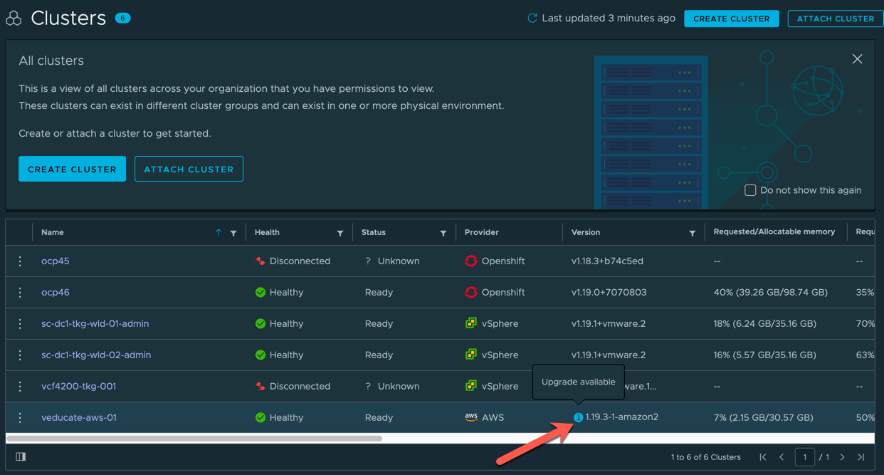 TMC - Clusters - Upgrade Available