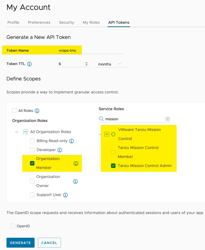 vROps TMC Integration - creating a CSP Token - Generate a new api token