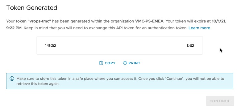vROps TMC Integration - creating a CSP Token - Token Generated
