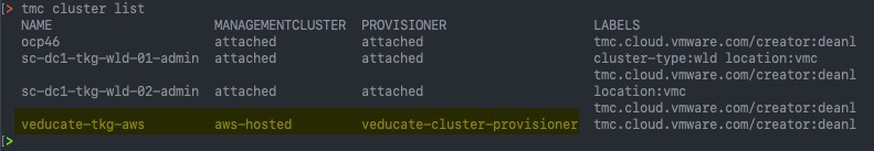 Access your cluster - tmc cluster list