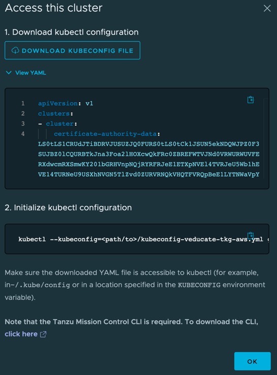 TMC - Access your cluster - download kubeconfig