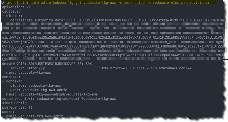 TMC - Access your cluster - tmc auth admin-kubeconfig get