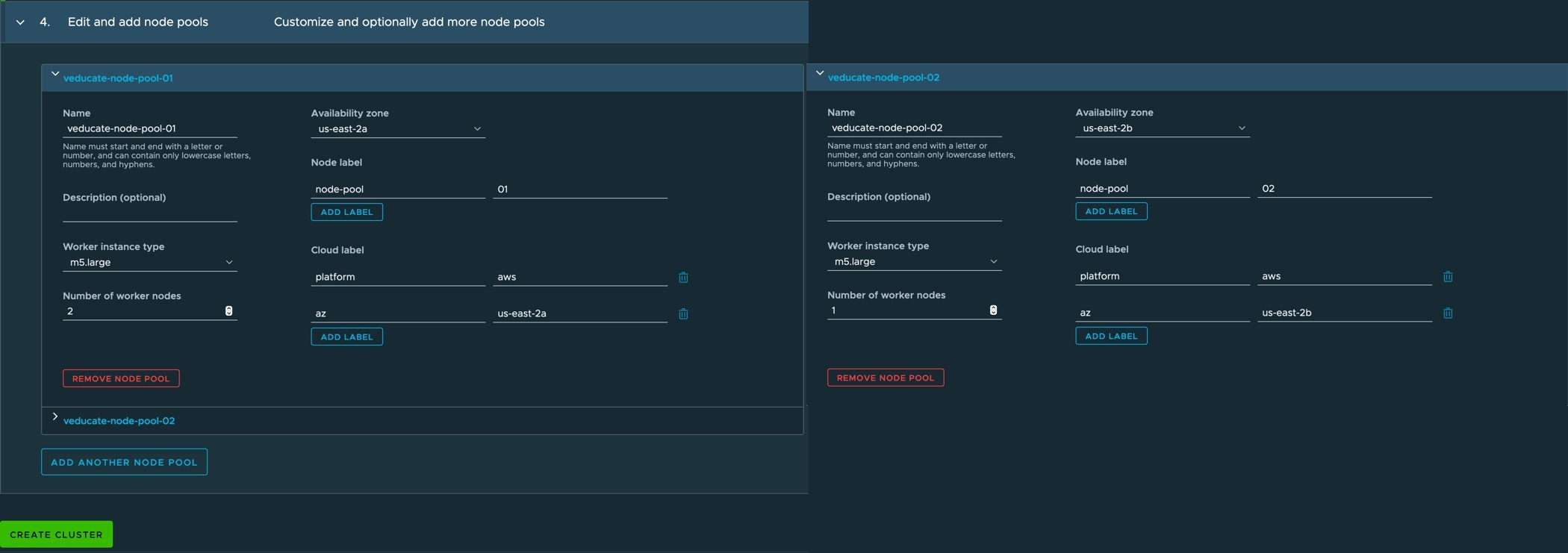 TMC - Clusters - Create Cluster - Edit and add node pools