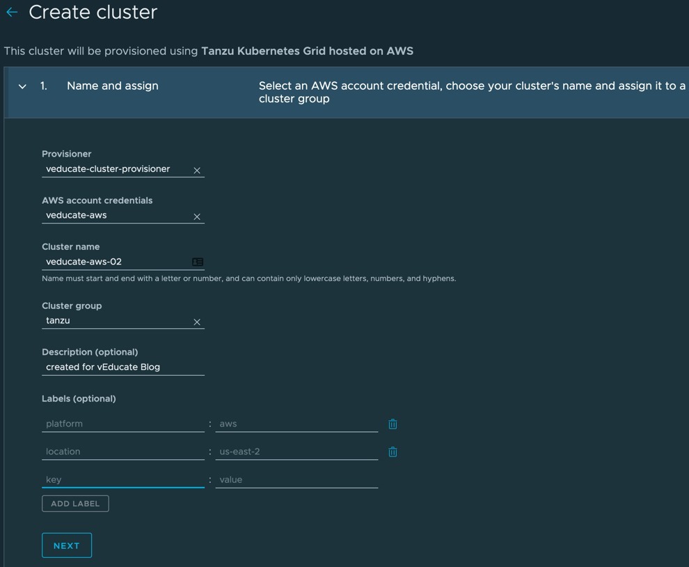 TMC - Clusters - Create Cluster - Name and Assign