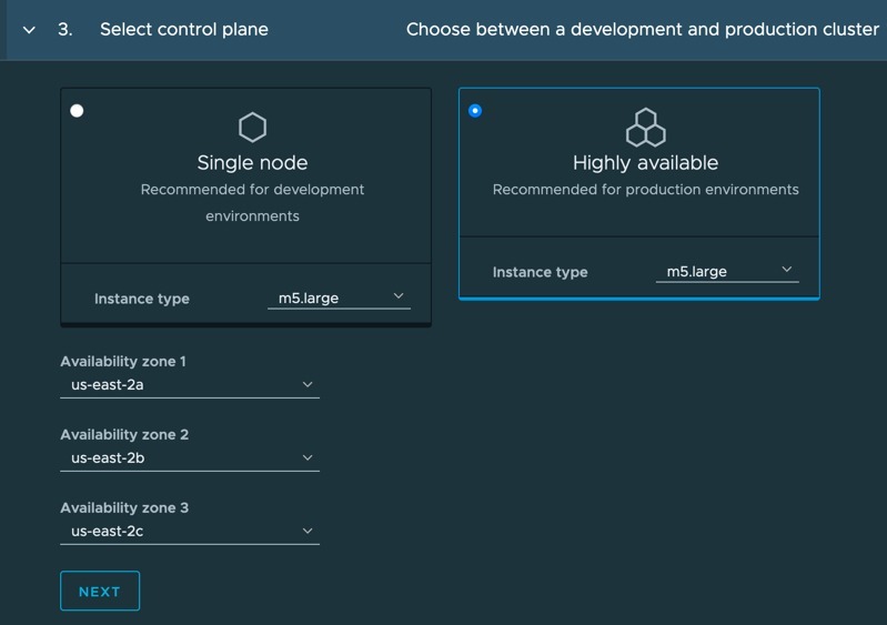 TMC - Clusters - Create Cluster - Select Control Plane