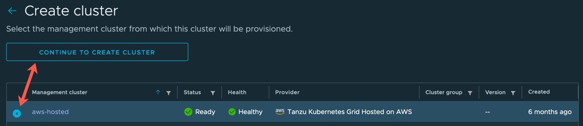 TMC - Clusters - Create Cluster - Select Management Cluster
