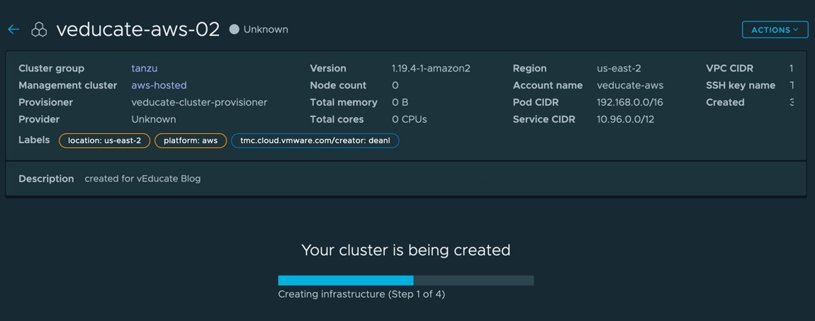TMC - Clusters - Create Cluster - Your cluster is being created