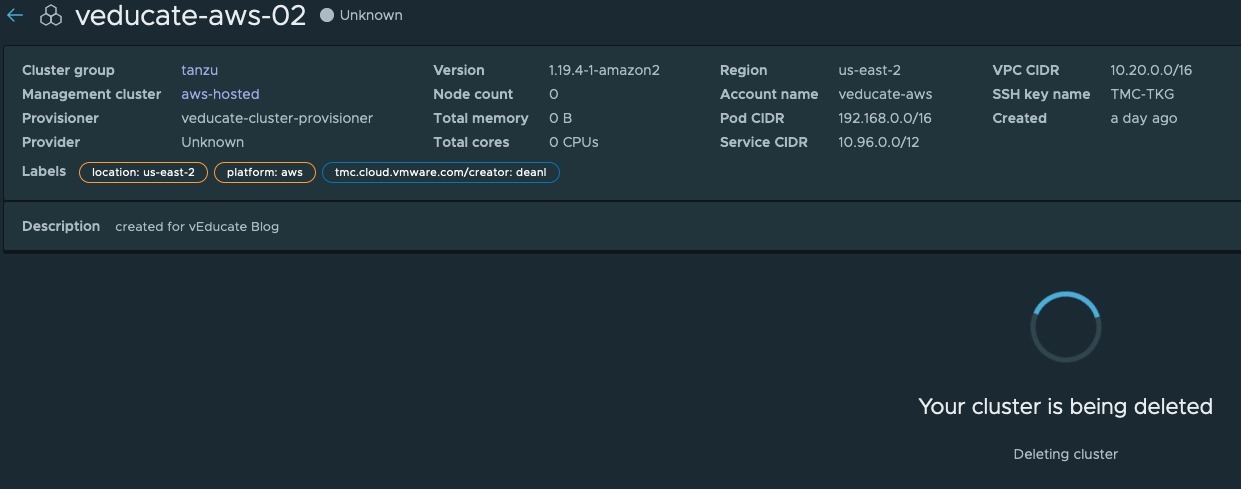Tanzu Mission Control - Cluster Object - Delete cluster - Your cluster is being deleted
