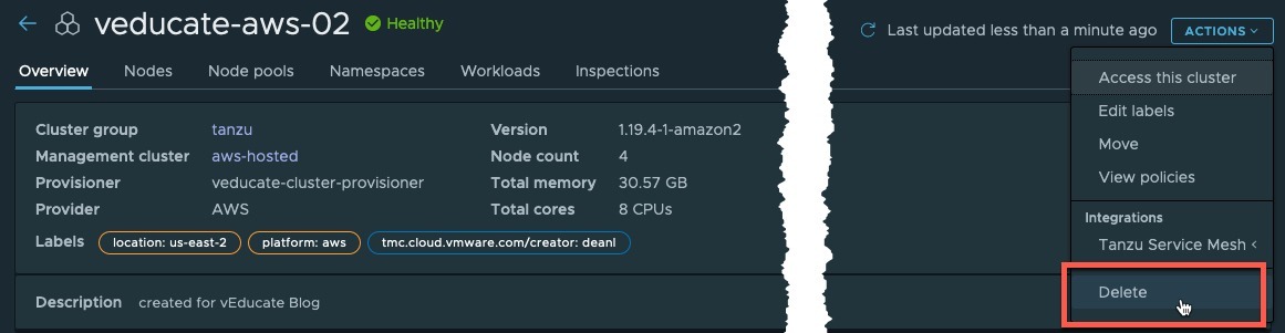 Tanzu Mission Control - Cluster Object - Delete cluster