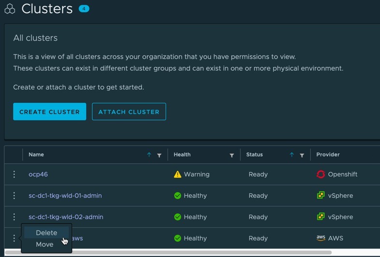 Tanzu Mission Control - Clusters - Delete cluster