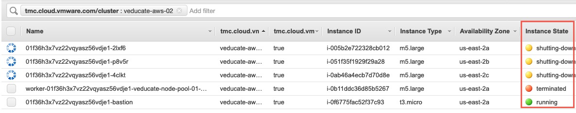 Tanzu Mission Control - Deleting cluster - AWS EC2 Console