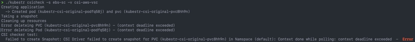 kubestr csicheck -s storageclass -v volumestorageclass - error output