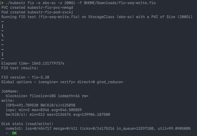 kubestr fio -s ebs-sc -z 200gi -f - output