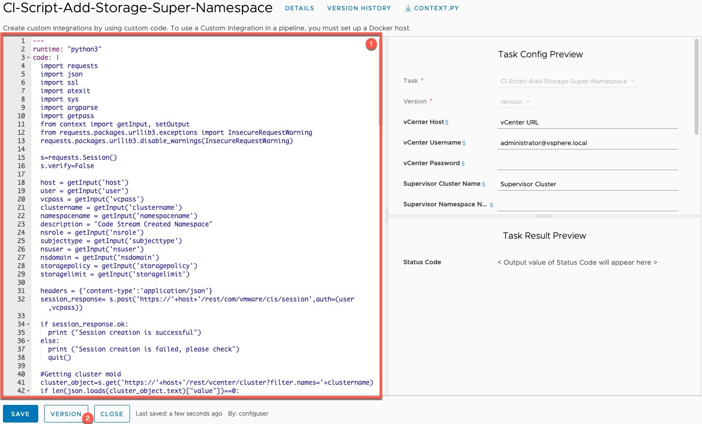 vRA Deploy Tanzu Guest Cluster - Code Stream - Create Custom Integration - Copy code - create version
