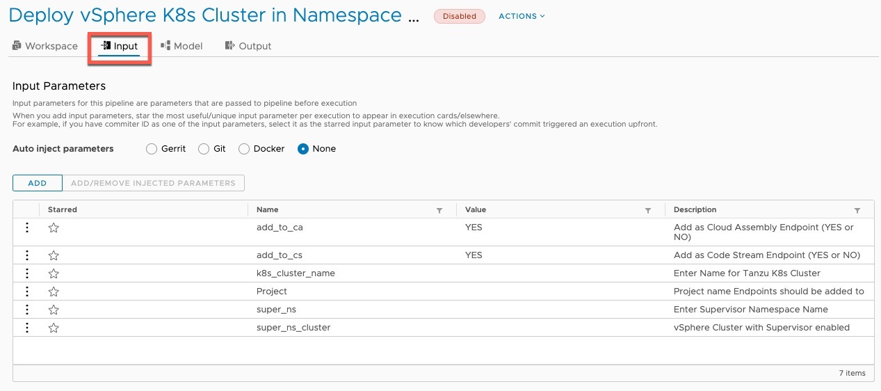 vRA Deploy Tanzu Guest Cluster - Code Stream - Pipeline - Deploy Tanzu Cluster - Configure Inputs
