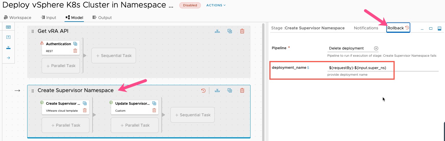 vRA Deploy Tanzu Guest Cluster - Code Stream - Pipeline - Deploy Tanzu Cluster - Create Supervisor Namespace - Rollback