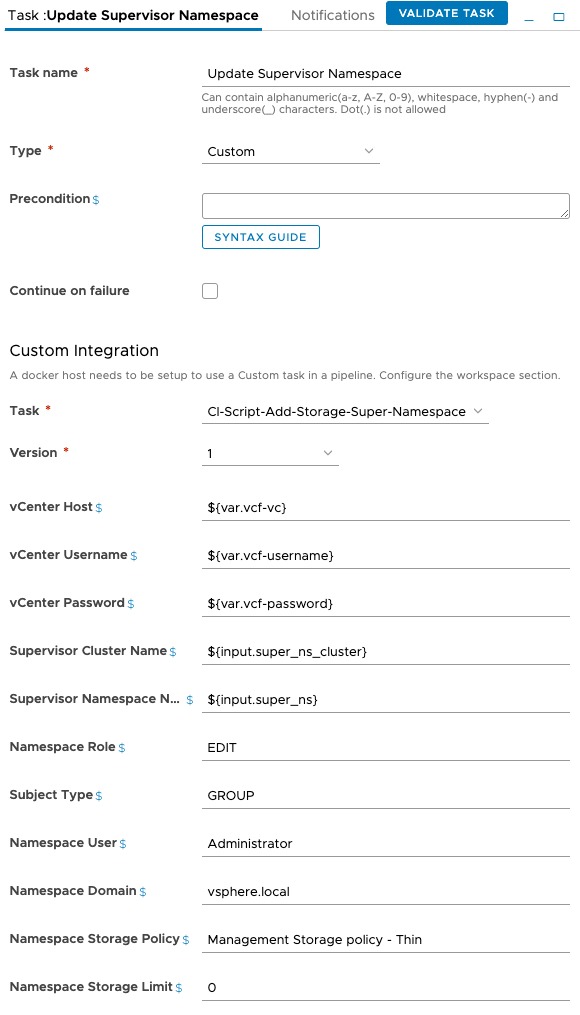 vRA Deploy Tanzu Guest Cluster - Code Stream - Pipeline - Deploy Tanzu Cluster - Create Supervisor Namespace - Update Supervisor Namespace