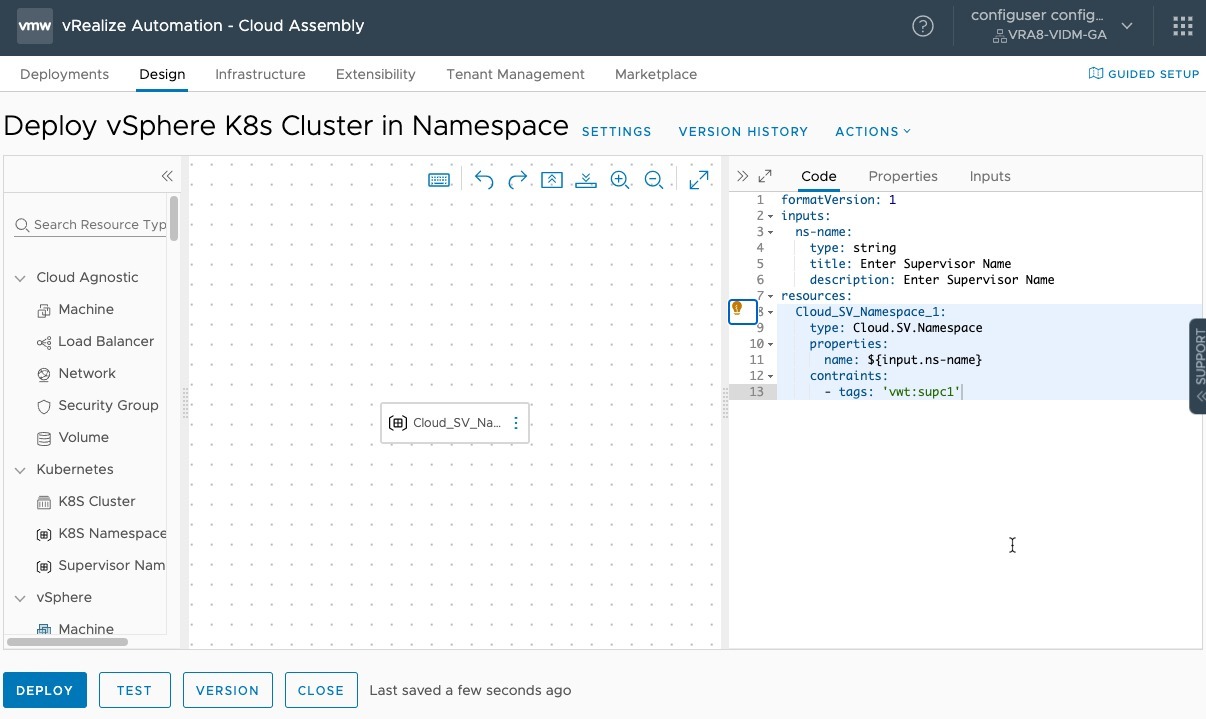 vRA Deploy Tanzu Supervisor Namespace - Cloud Assembly - Cloud Template