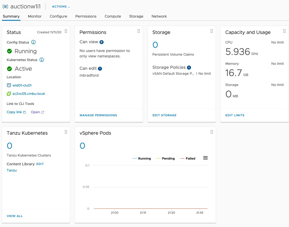 vSphere Namespace summary