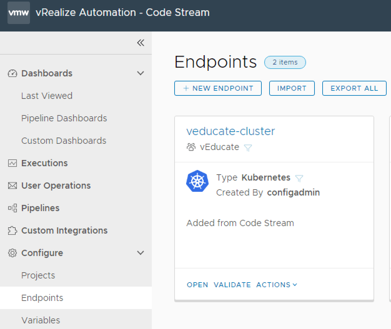 Code Stream - Kubernetes Endpoint