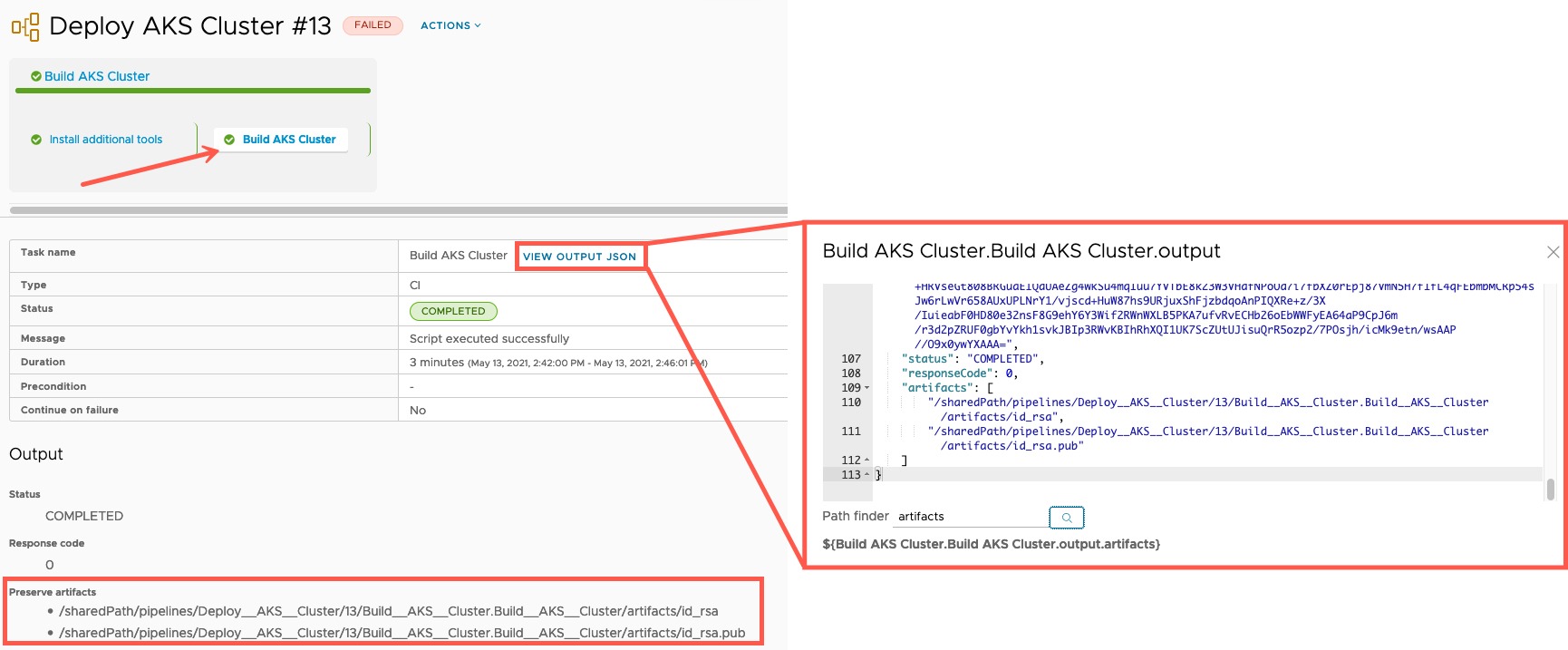 Code Stream - Preserve Artifacts - Pipeline Execution - Output - Preserve artifacts location