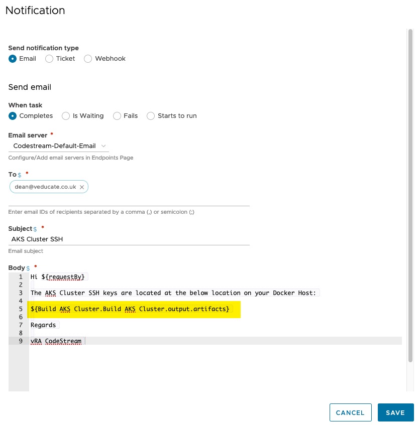 Code Stream - Preserve Artifacts - Pipeline - Model - CI Task - Create Notification