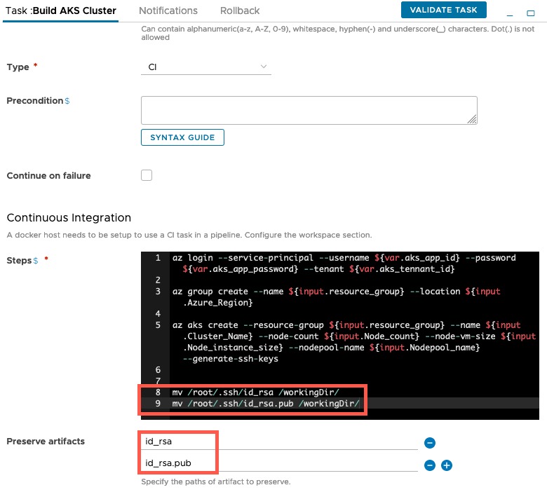 Code Stream - Preserve Artifacts - Pipeline - Model - CI Task - Specify the paths of the artifact to preserve