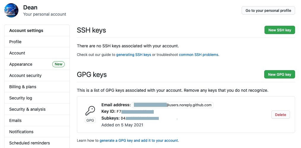 GitHub - SSH and GPG Keys - New GPG Key - Key Added