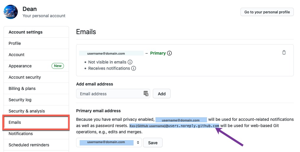 GitHub emails - primary email address - no reply email address