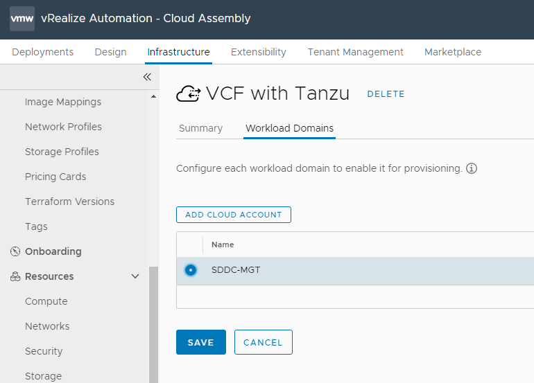 New Integration - SDDC Manager - Configure Cloud Account