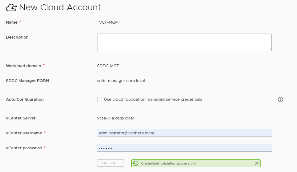 New Integration - SDDC Manager - New Cloud Account 1