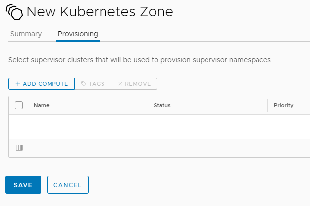 New Kubernetes Zone - Add Kubernetes zone - Provisioning