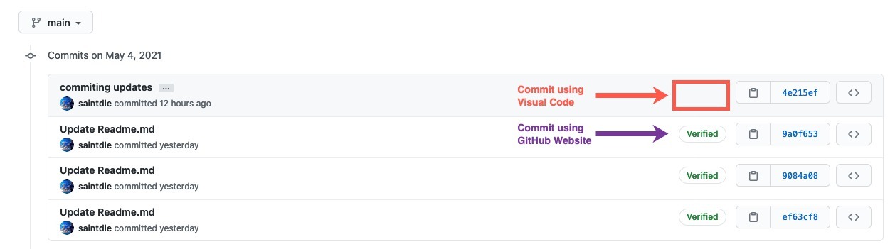 github commit view - verified